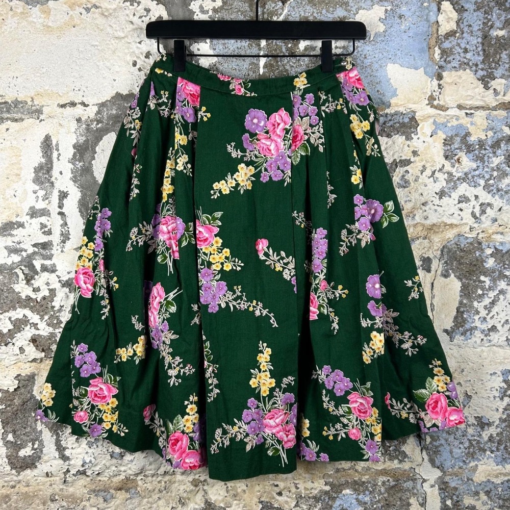 Vintage 70s Kobler Dirndl Green Floral Pleated Midi Skirt Size 42 German